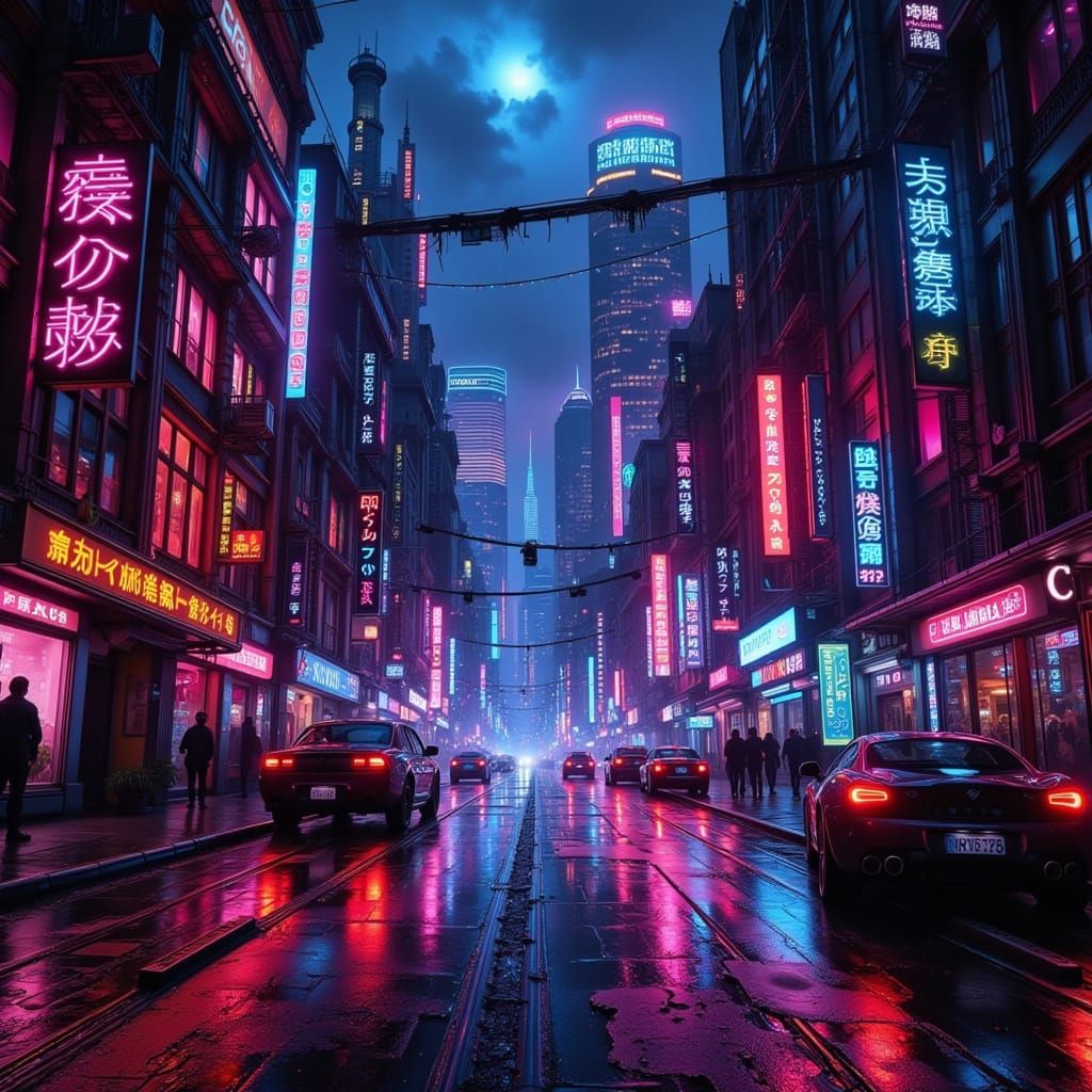 Cyberpunk Cityscape at Dusk with Dark Neon Lights