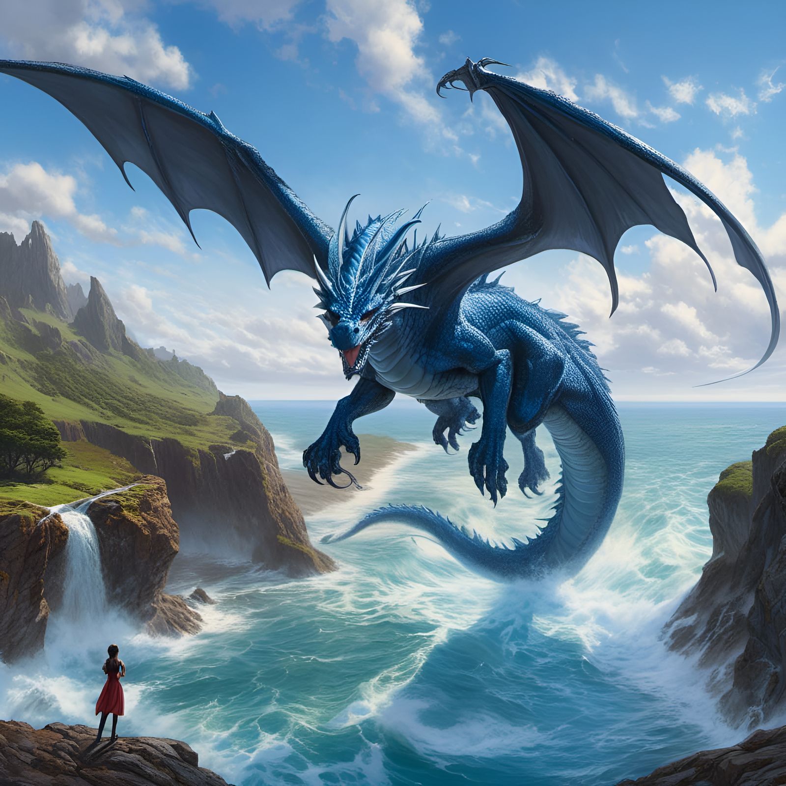 Blue Dragon Flying Over Water Art