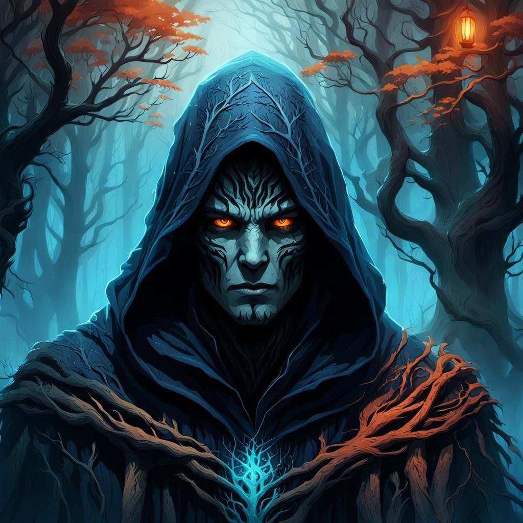 Mysterious Hooded Figure in Dark Fantasy Forest
