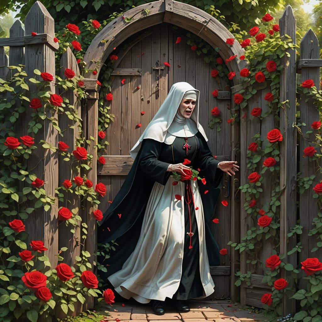 Nun Ghost Opens Door in Gothic Garden
