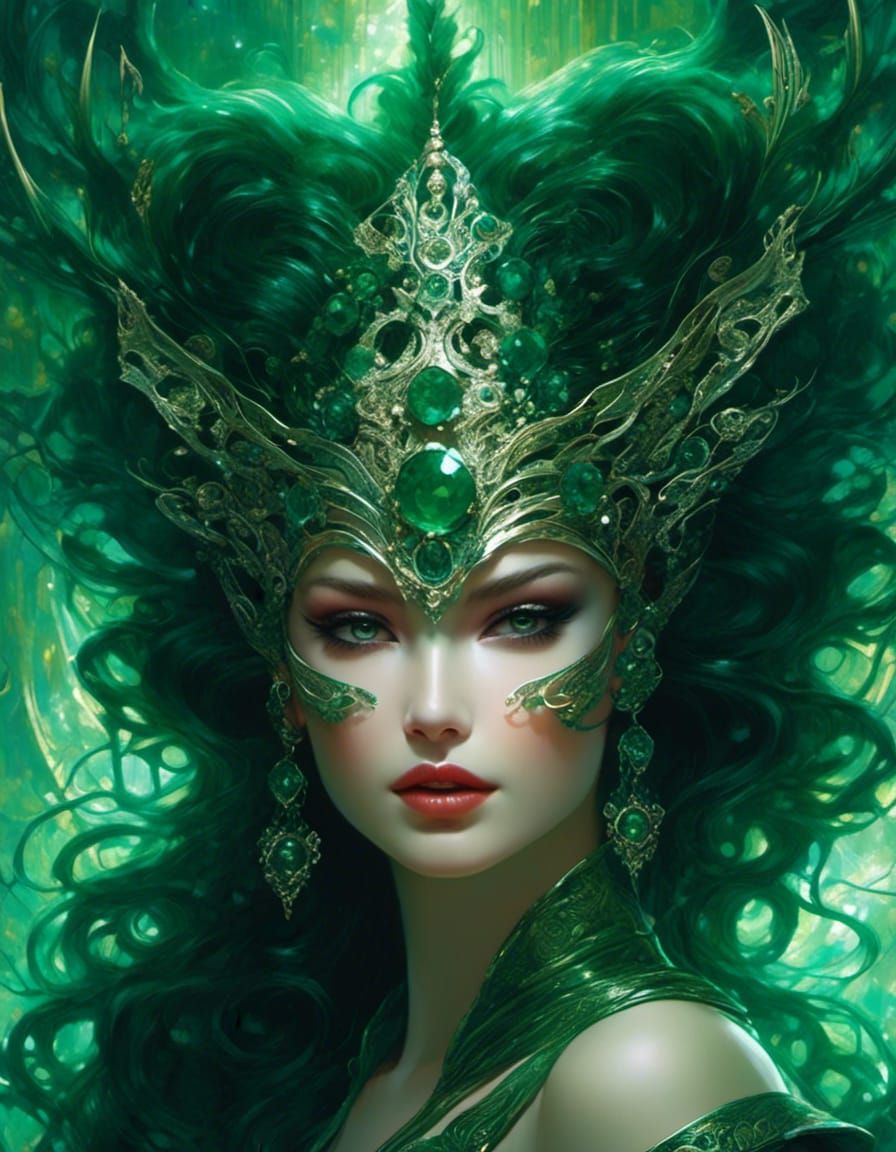 Emerald Masquerade Queen in Macabre Digital Art