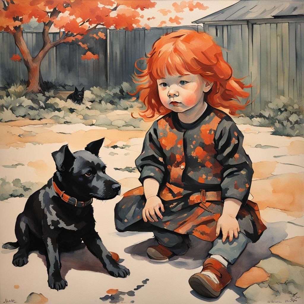 Girl and Dog Portrait in Ukiyo-e Style