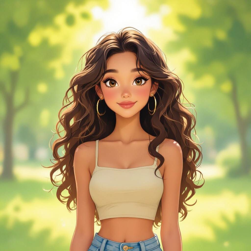 Cute Girl with Curly Brown Hair in Sunny Park
