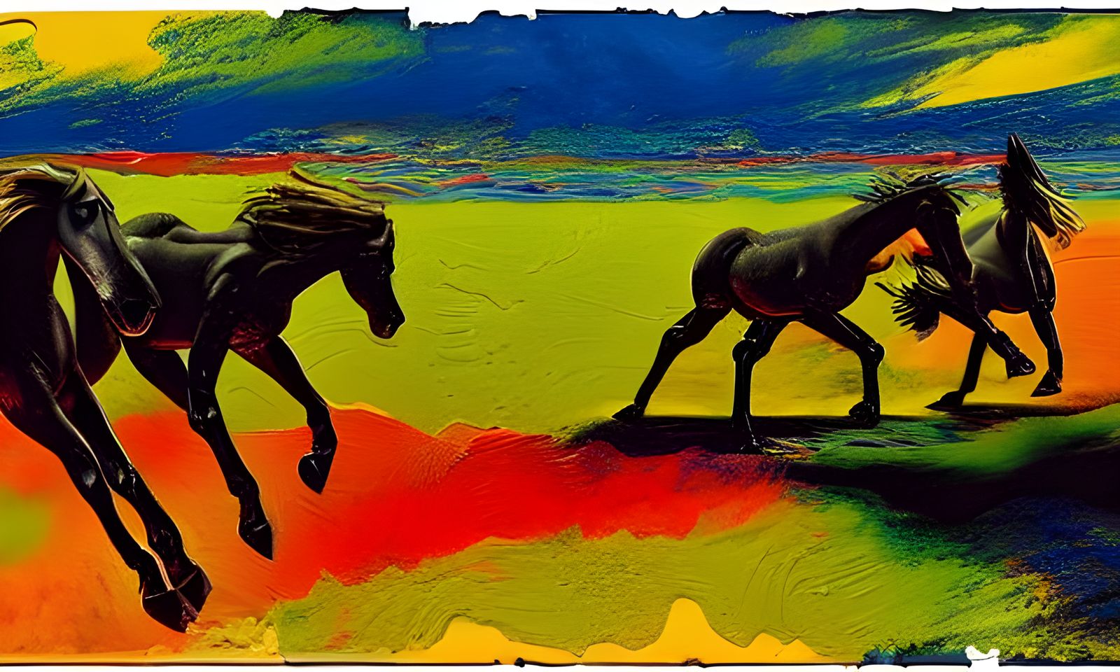 Demonic Horses Galloping on Beach in Impasto Style