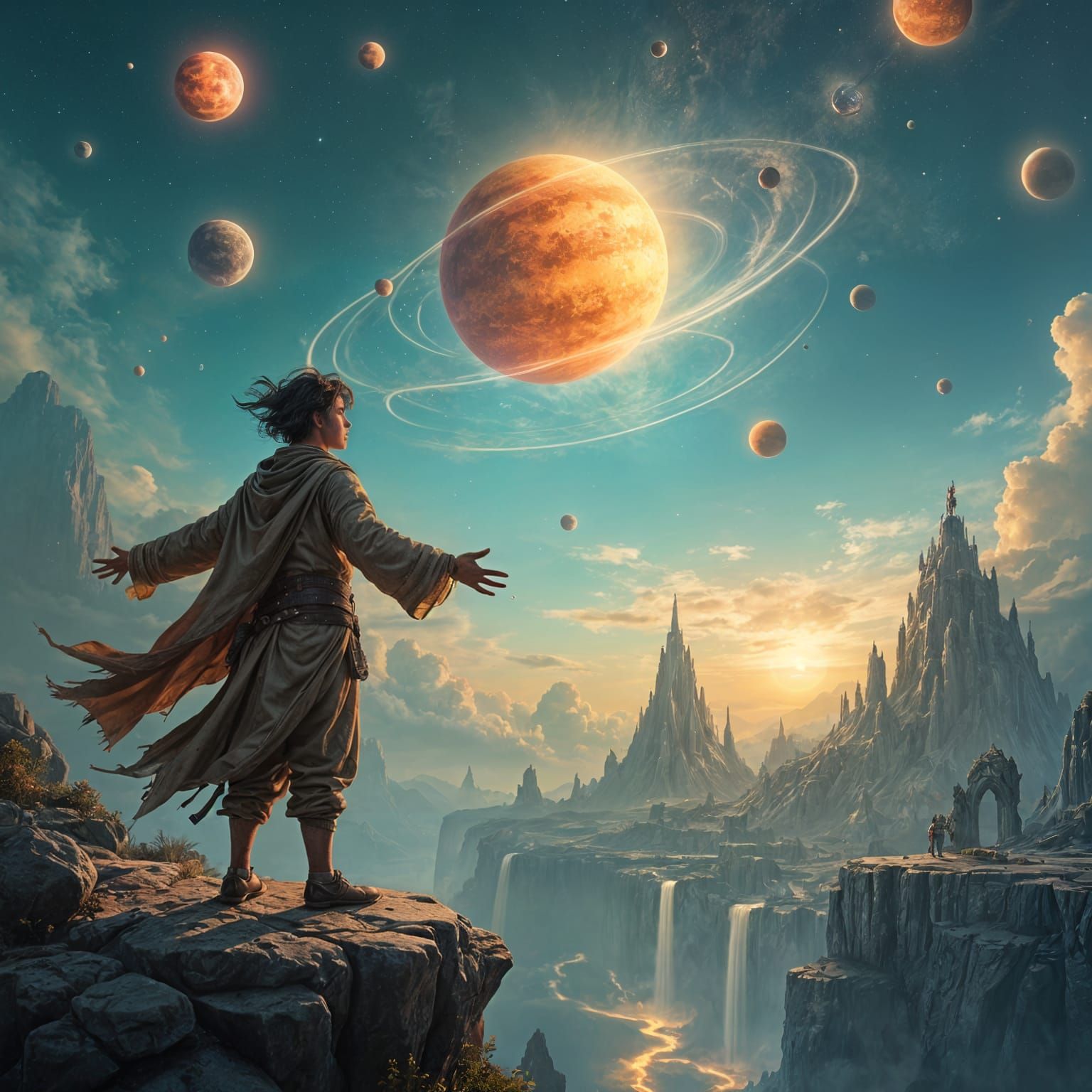 Young Man Gazing Up at Celestial Alignment in Fantasy Concep...
