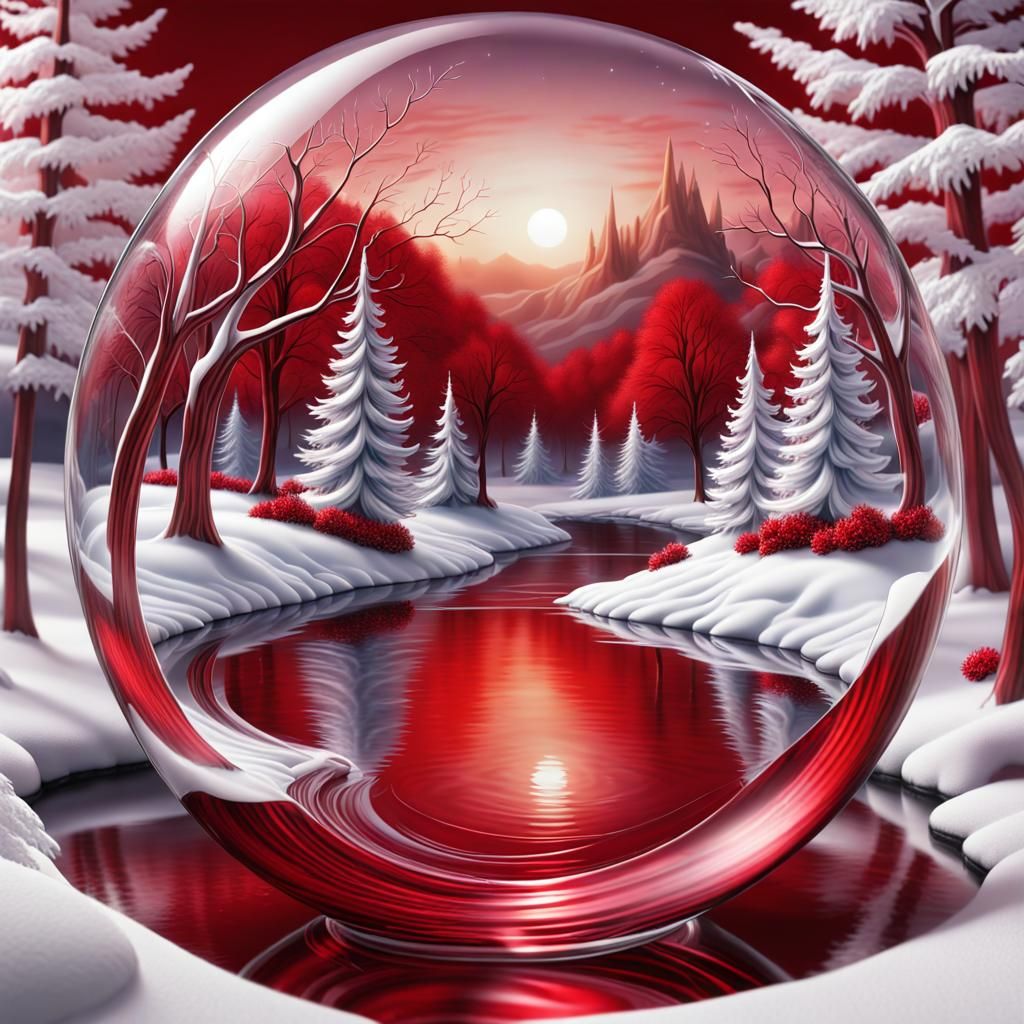 transparent glass cherry showcasing a gothic red Christmas landscape within.