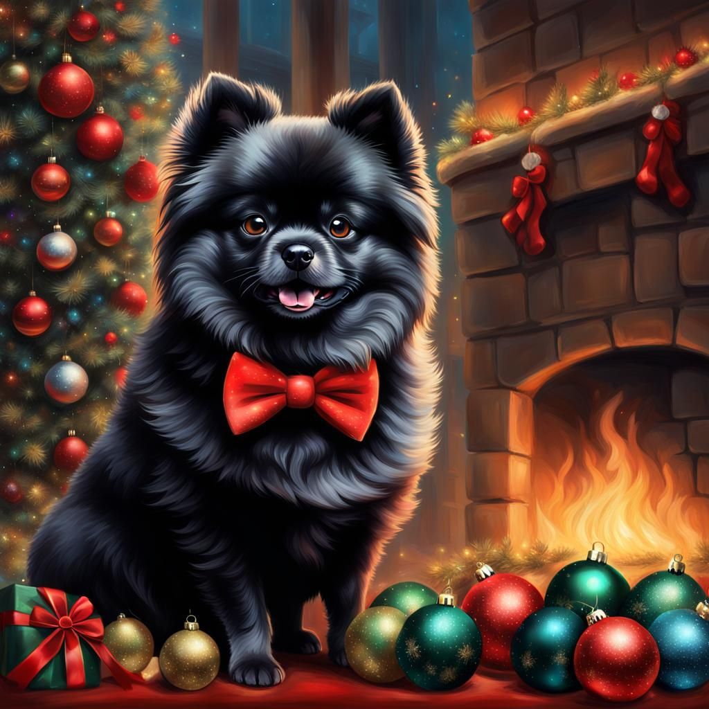 Black Pomeranian with Bowtie Christmas Portrait