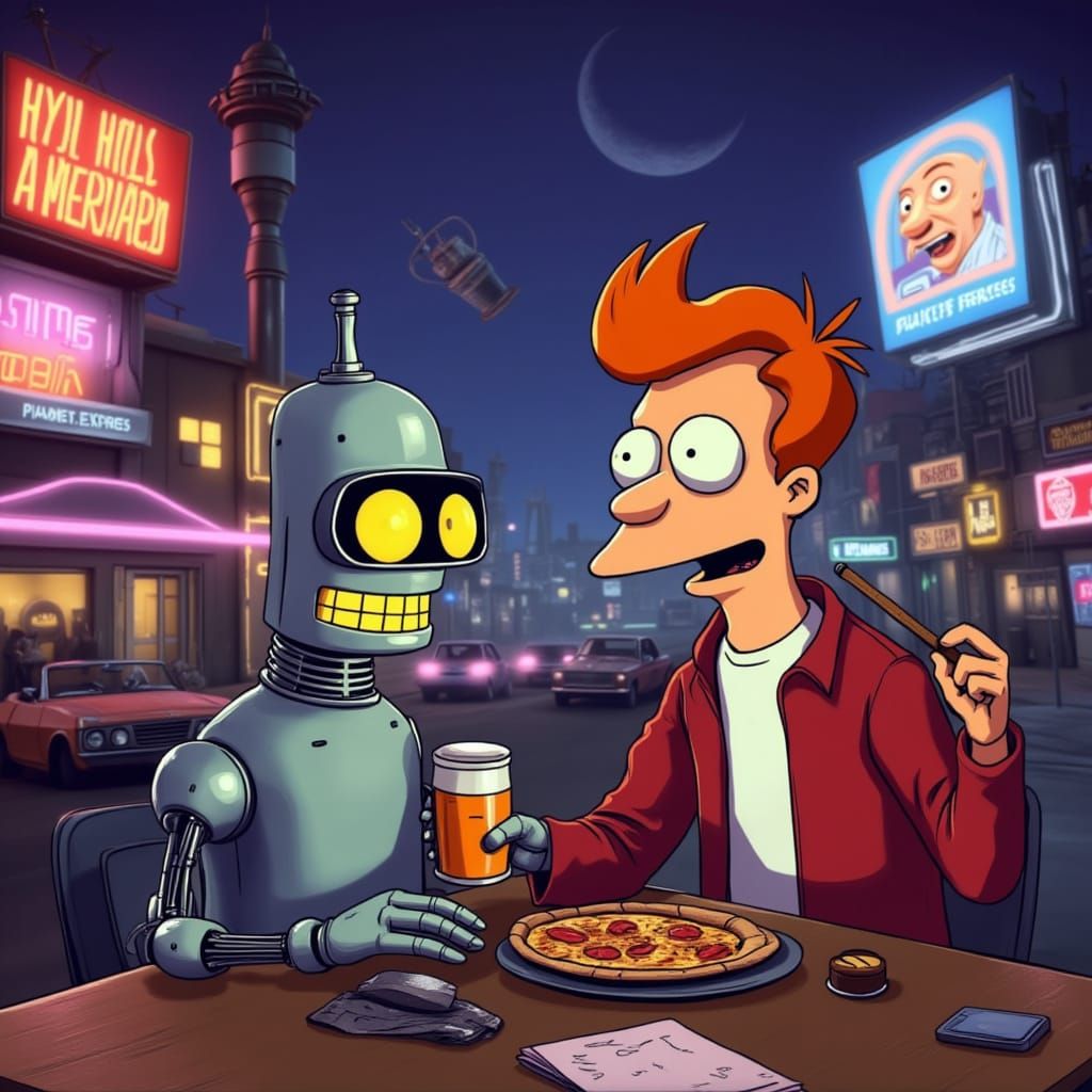 Futurama's Bender and Fry in Sci-Fi Cityscape