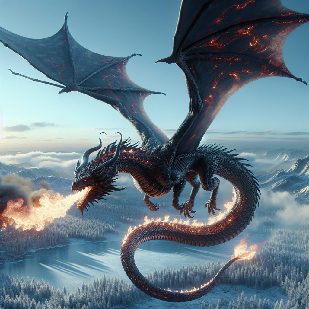 Majestic Dark Fire Dragon Soars Through Winter Sky with Scal...