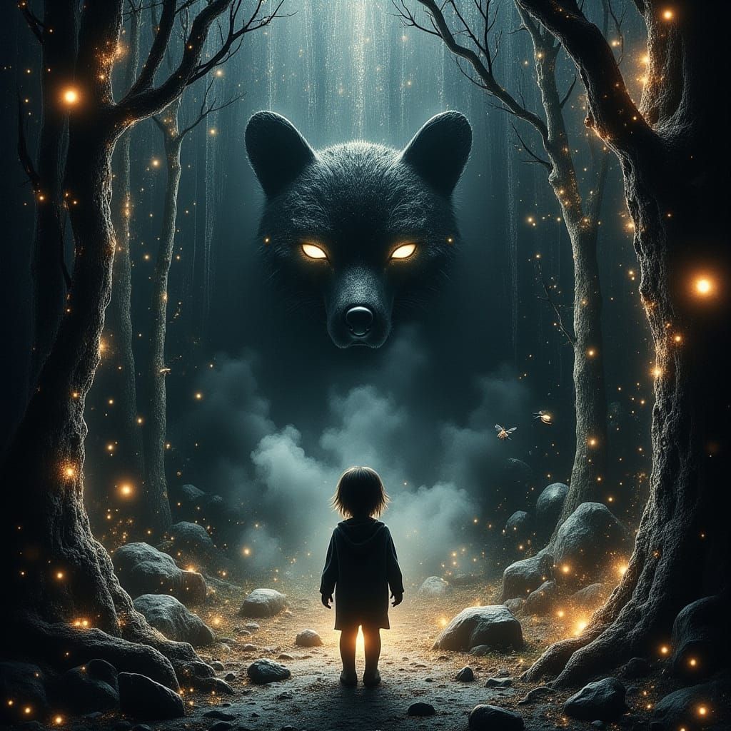 Gothic Forest Child Surrounded by Wolves and Bear