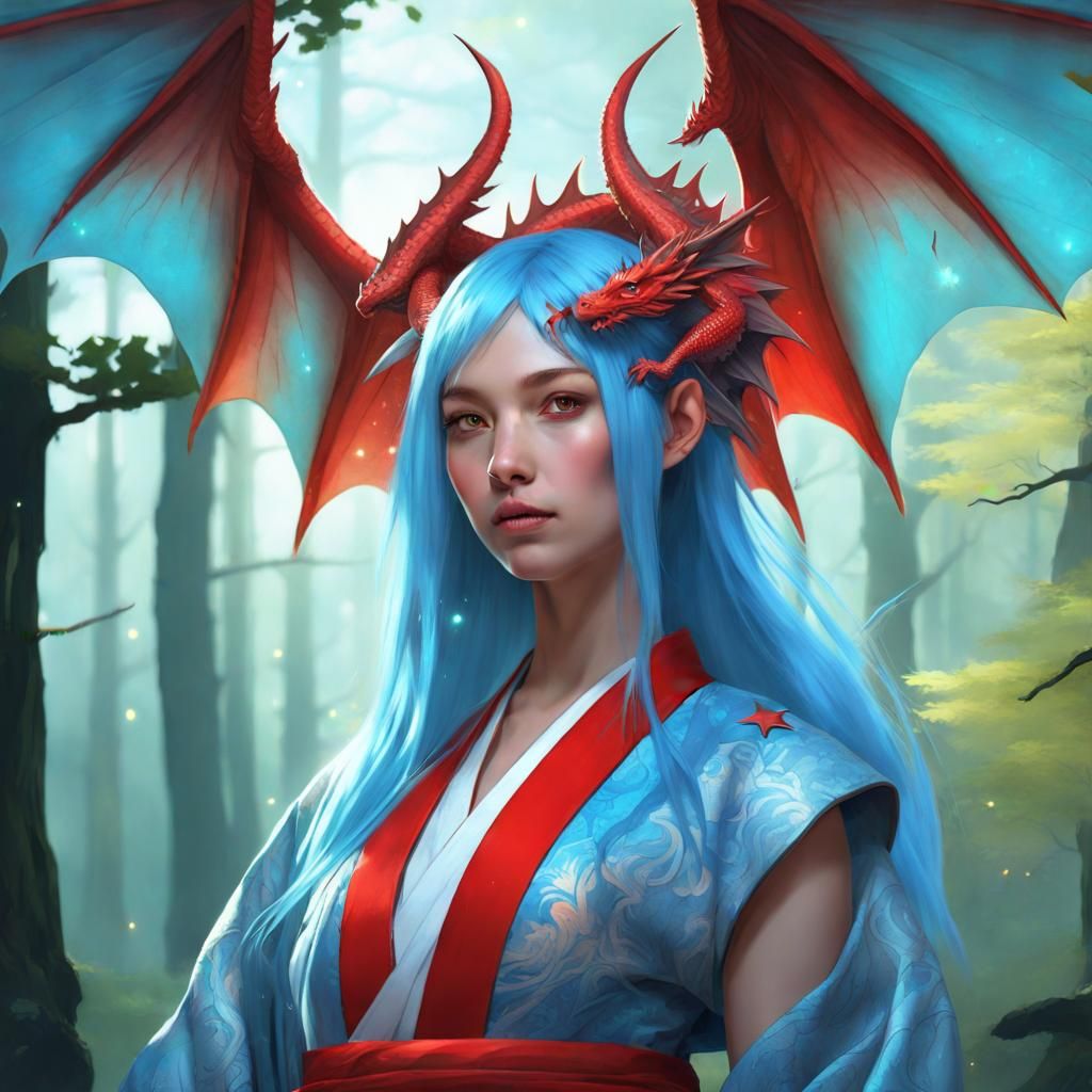 Dragon-Winged Woman in Kimono with Forest Backdrop
