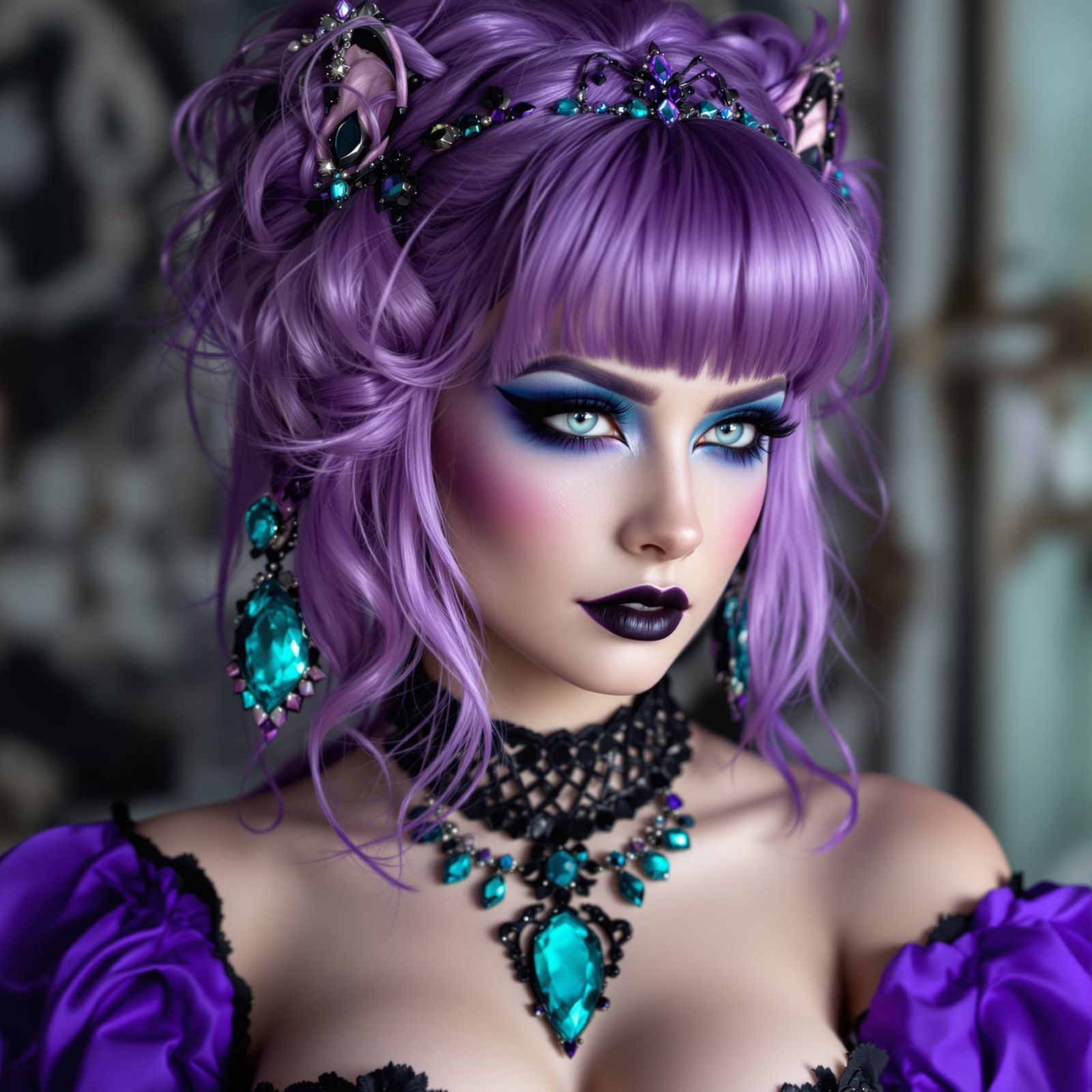 Gothic Woman Portrait with Purple Hair and Jewels