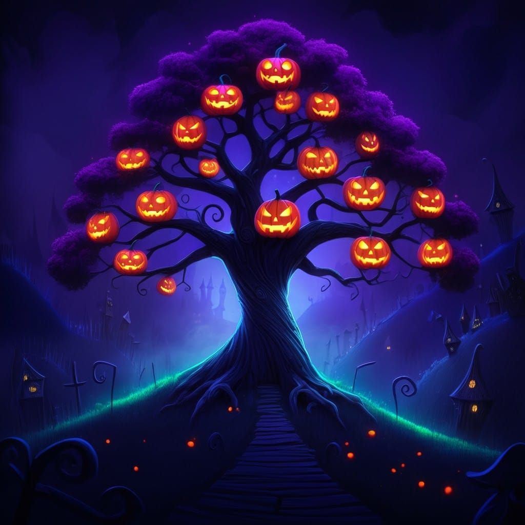 Neon Tree of Life in Nightmare Landscape