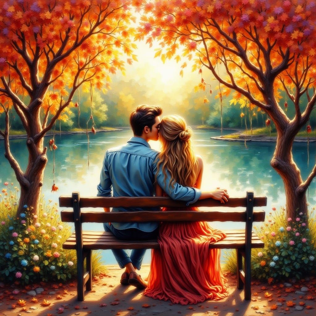 Romantic Couple in Autumn Garden by Lake