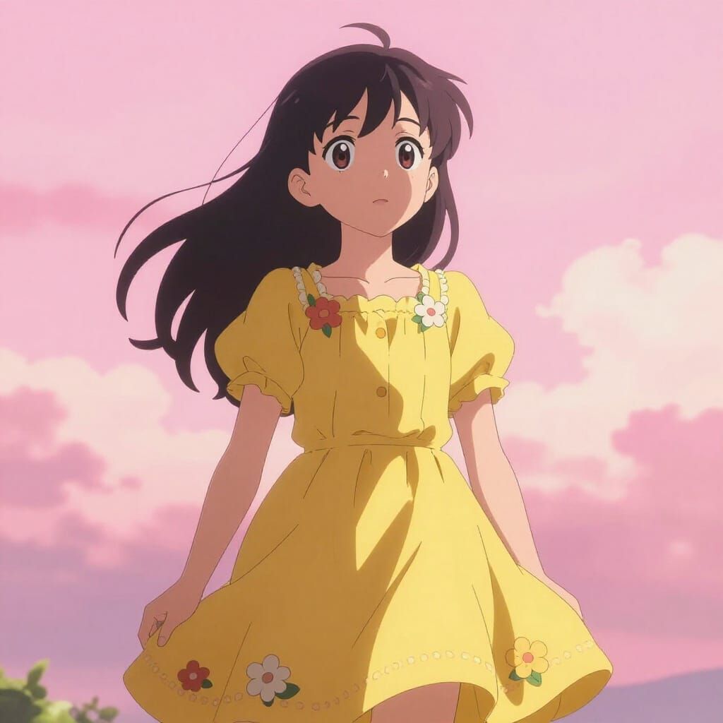 Child in Yellow Dress Under Pink Sky in Anime Style