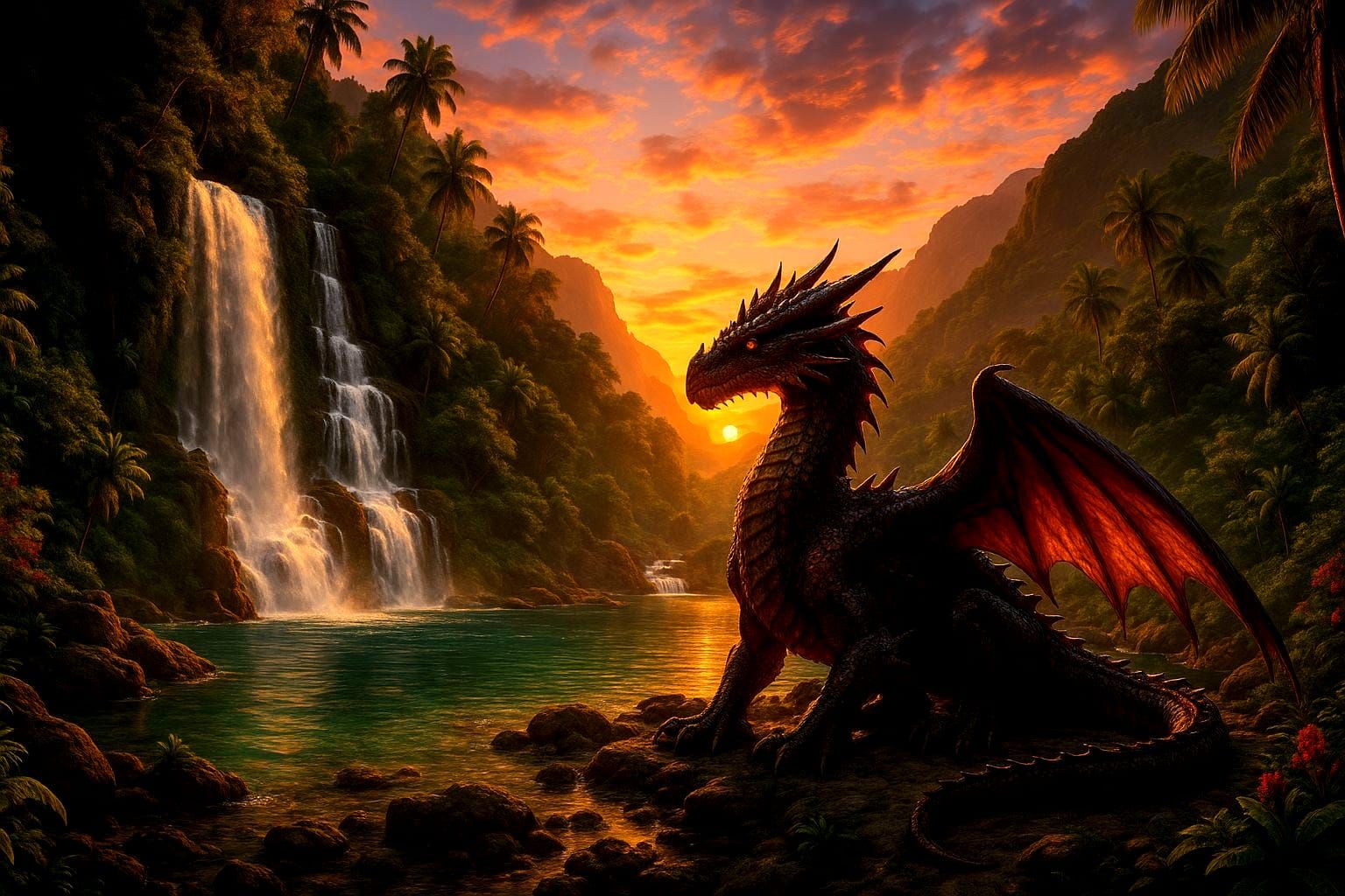 Majestic Dragon in Tropical Waterfall Lagoon at Sunset