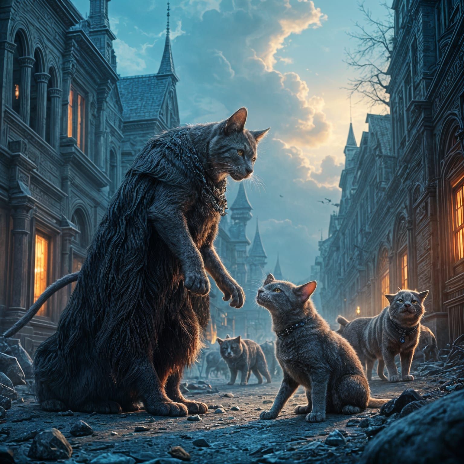 Cat Defends Dog in Detailed Matte Painting