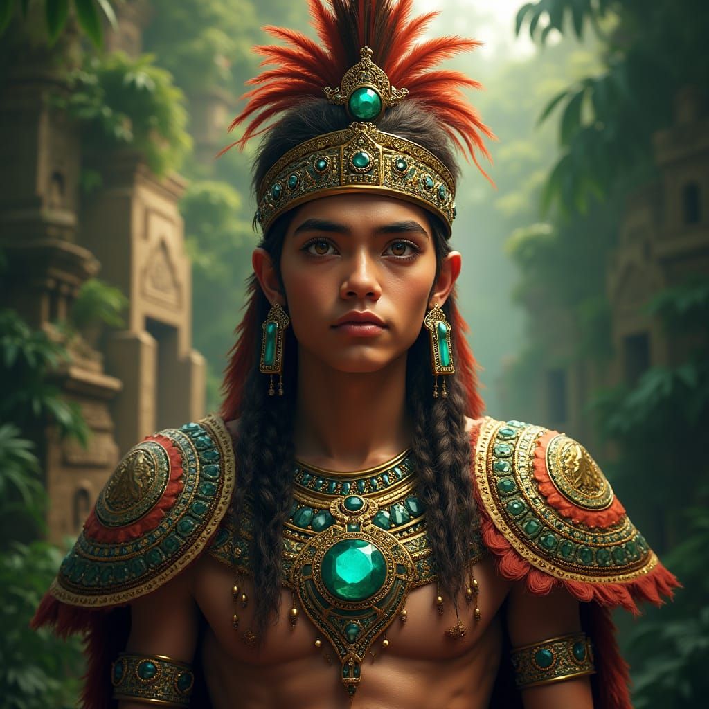 Regal Aztec Prince in Vibrant Jungle Landscape