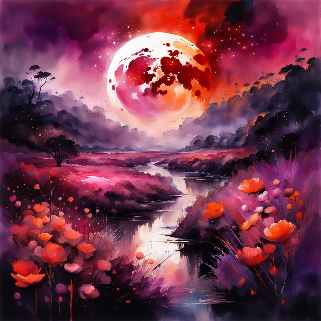 Lush Summerscape Blood Moon in Watercolor