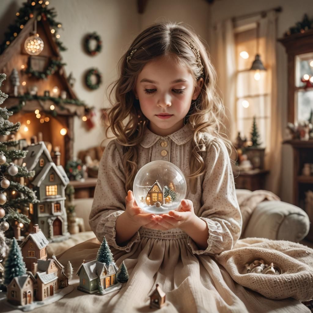Girl Holding Christmas Village in Glass Ball