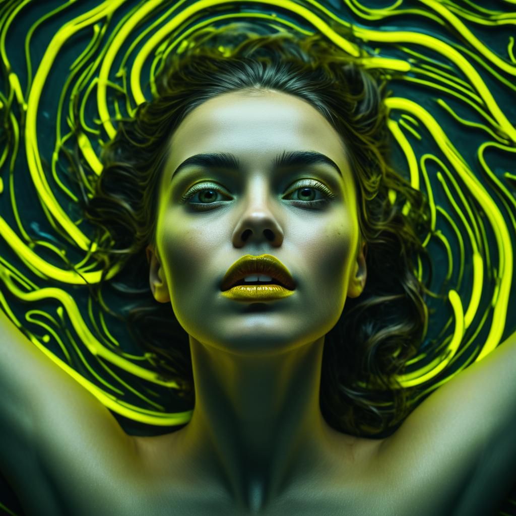 Woman Gazing Upward in Neon Yellow Swirls