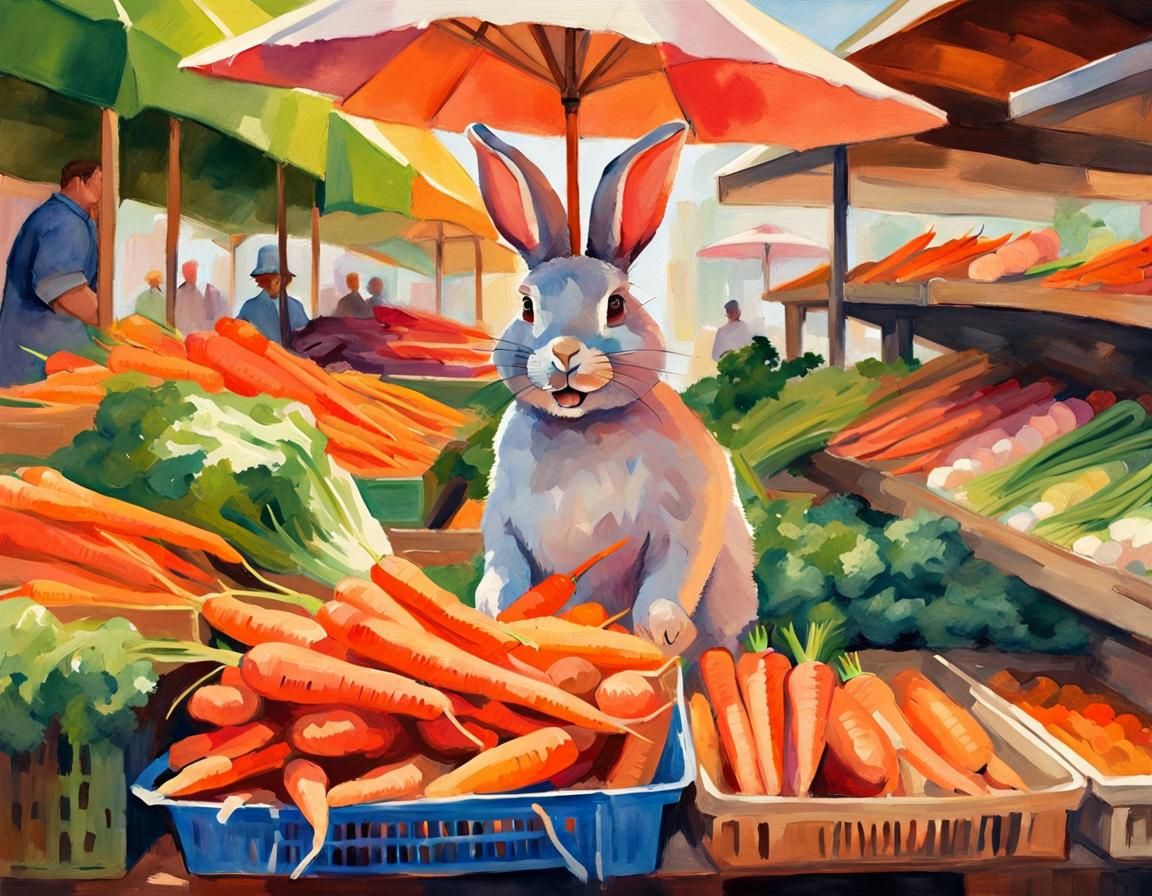 Rabbit Seller at Carrot Stand: Impressionist Oil Painting