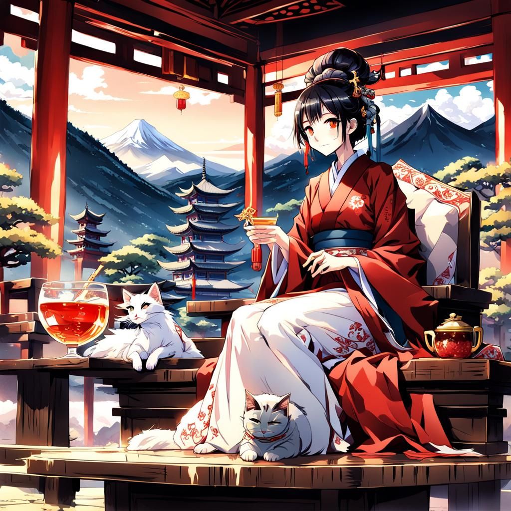 Dragon Attending Woman in Kimono, Anime Style