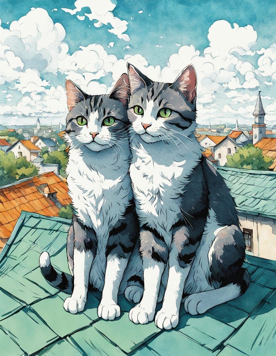 Cats in Love: Fairy Tale Rooftops in Grattage Style