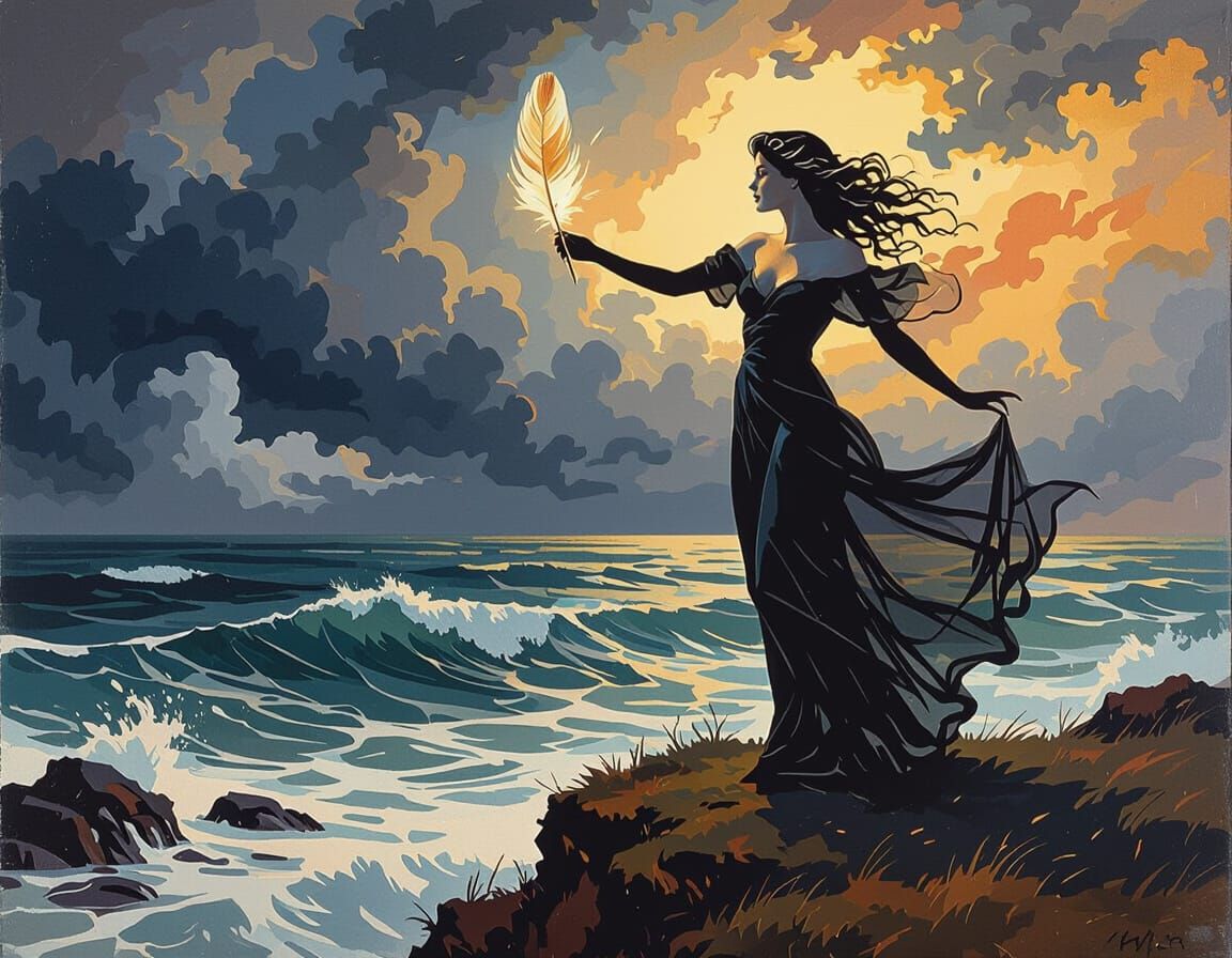 Woman on Cliff Overlooking Stormy Sea Holding Glowing Feathe...