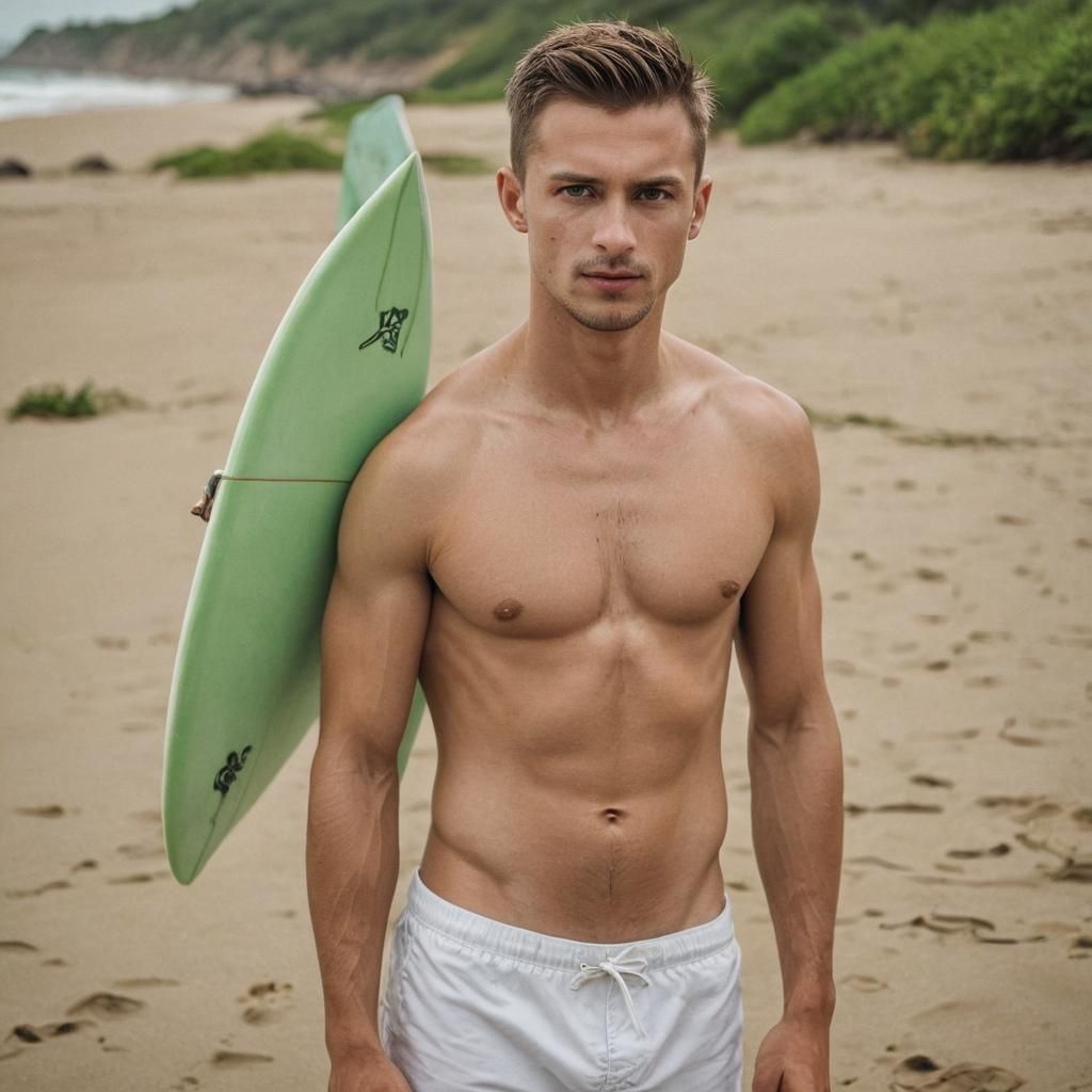 Slavic Man Riding Waves in Photorealistic Beach Scene