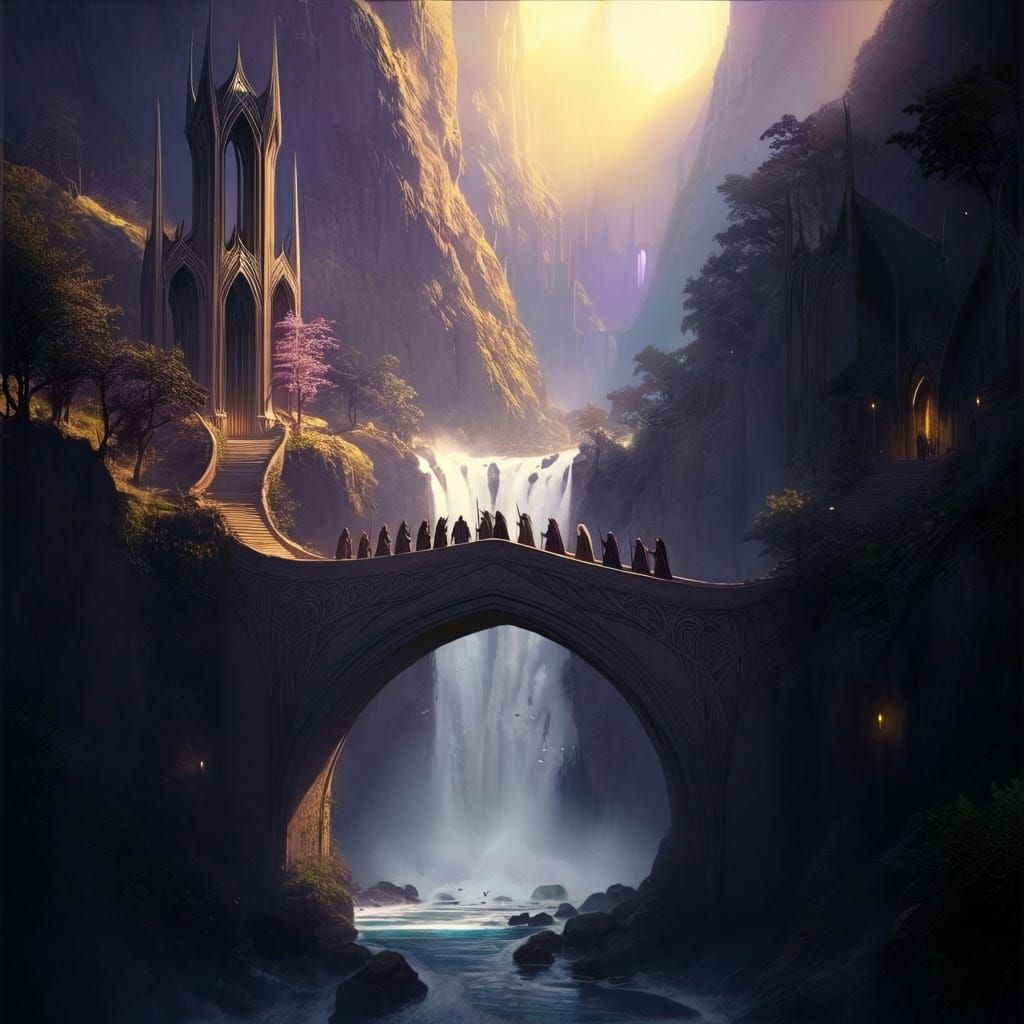 Enchanted Rivendell Valley with Ancient Canyon and Elven Bri...