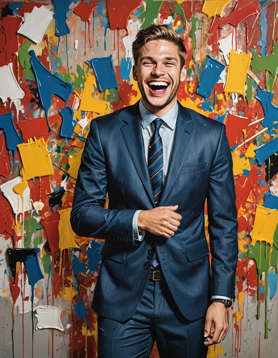 Laughing Man Portrait in Warhol-Inspired Oil Painting