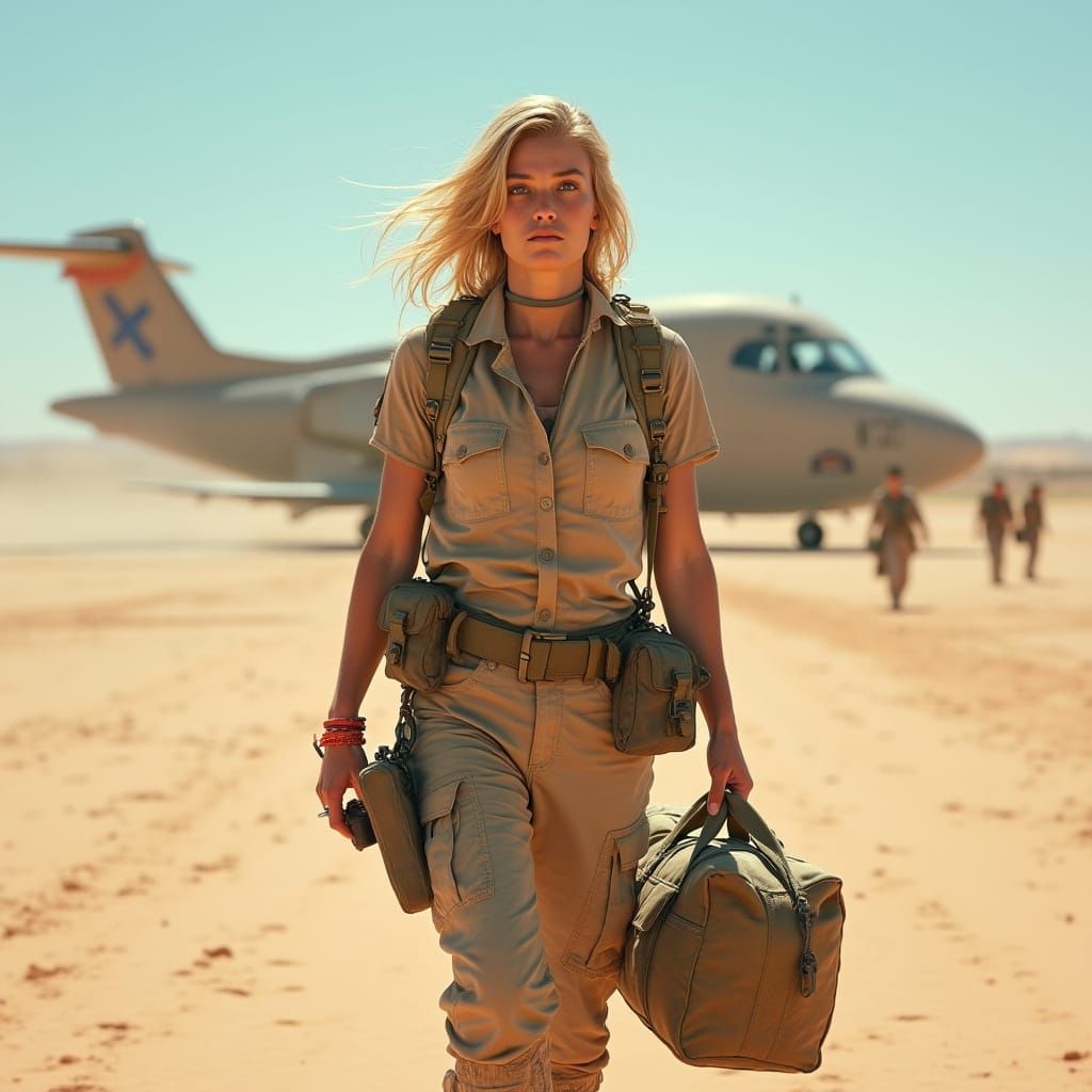 Woman in Desert Camo Walking on Tarmac
