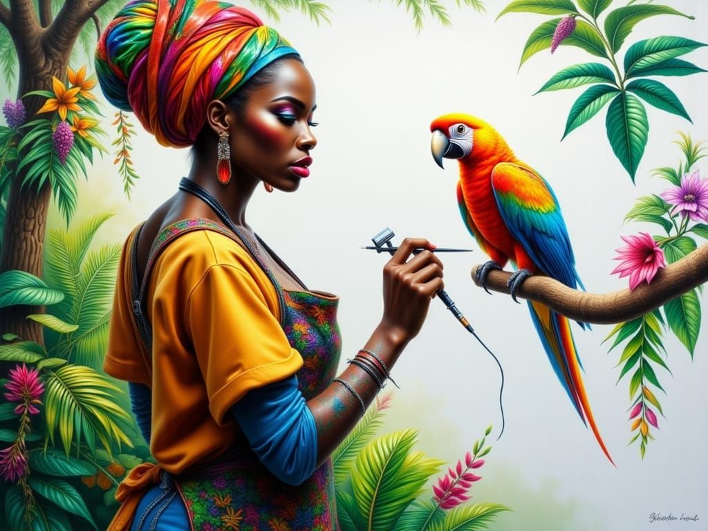 Airbrush Art: Woman Painting Parrot in Jungle