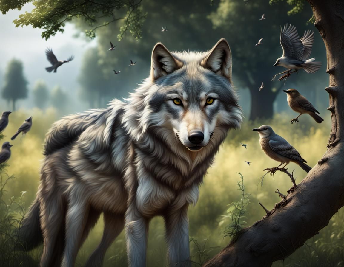 Gray Wolf in Summer Field: Detailed Matte Painting