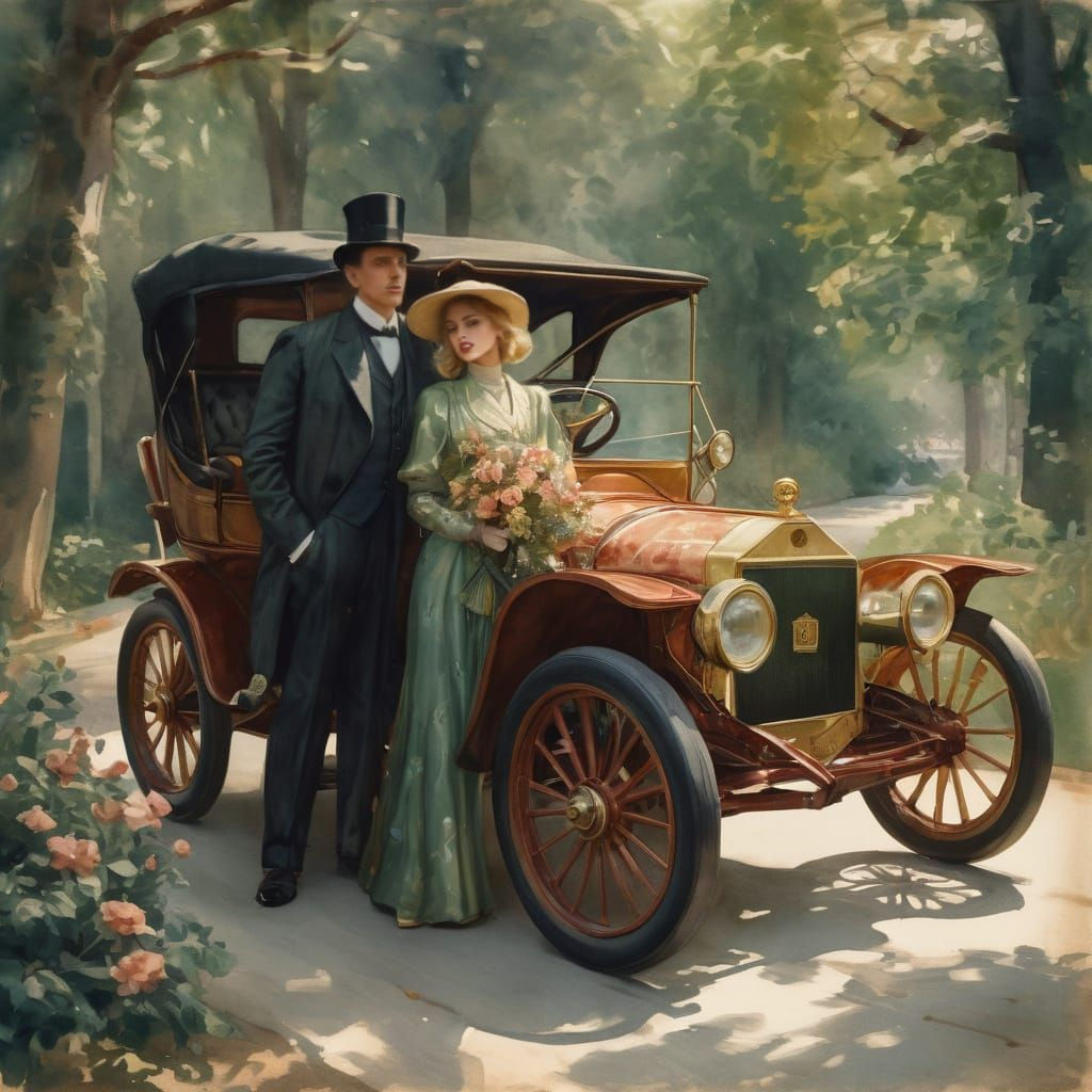 1907 Jewel Runabout with Lady and Gentleman