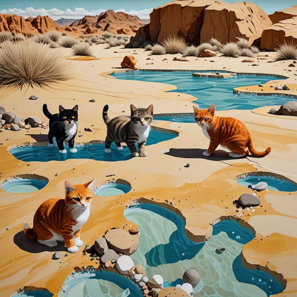Surreal Desert Oasis with Kittens in Mixed Media Collage