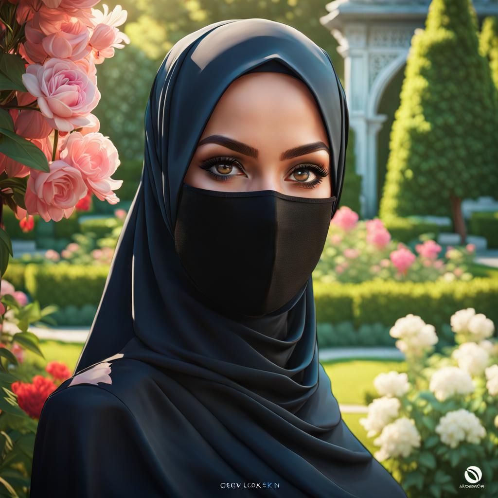 Woman in Hijab and Mask in Hyperdetailed Garden