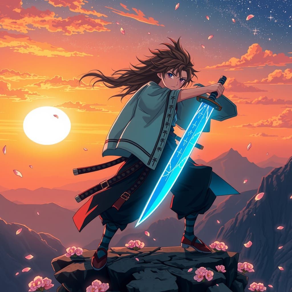 Anime Samurai Warrior with Blue Katana