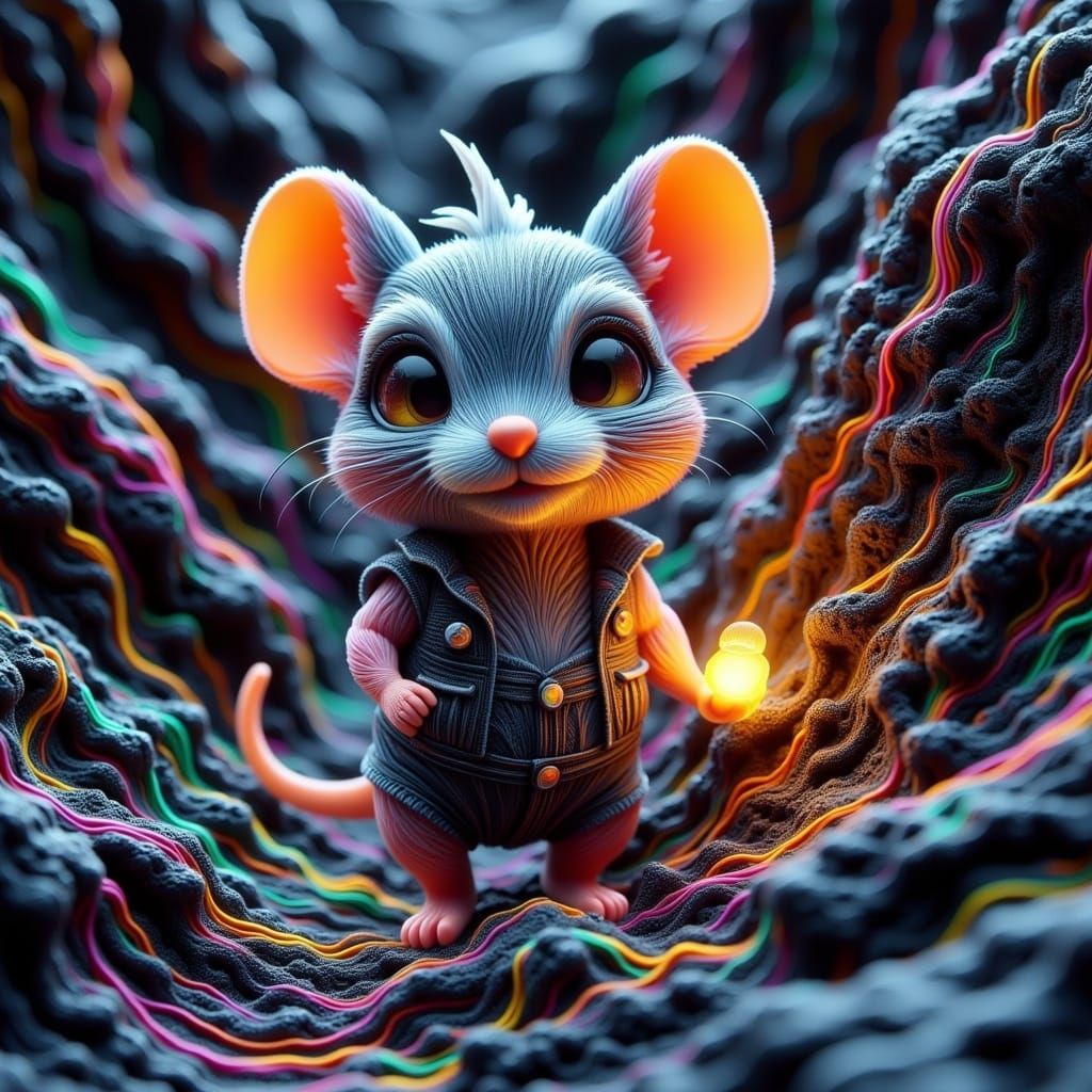 Whimsical Chibi Creature in Vibrant Fractal Landscape