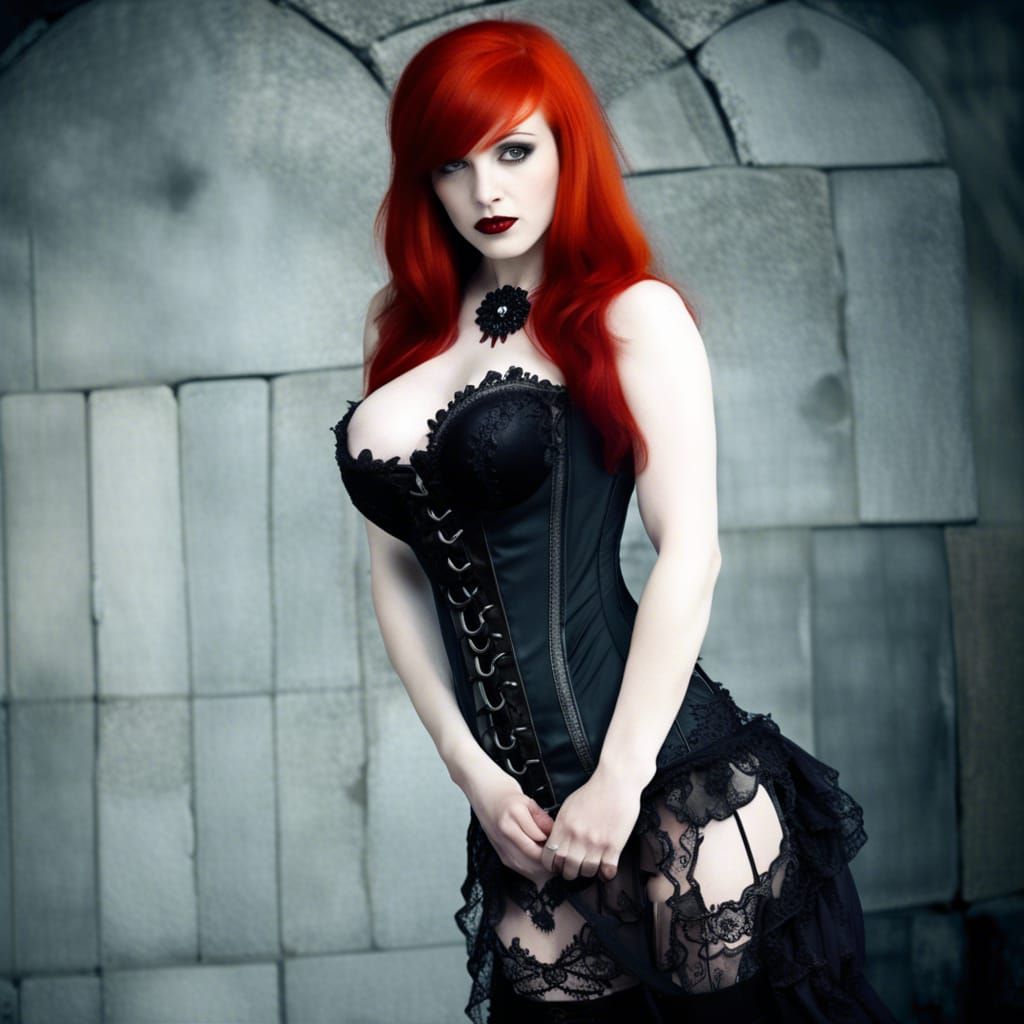 Beautiful Redhead Vampire in Gothic Corset at Night