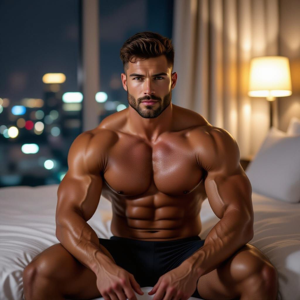 Bodybuilder in Luxury Hotel, Cinematic Photorealism