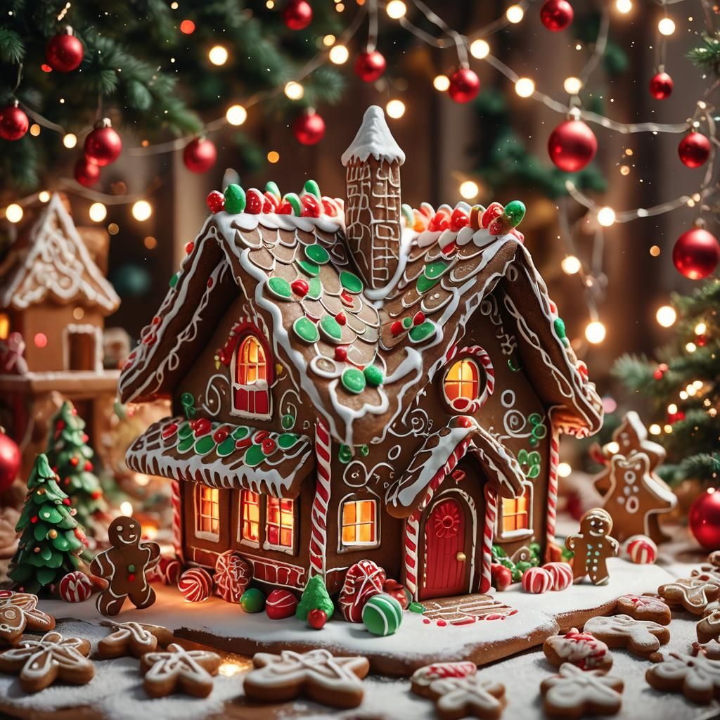 Gingerbread House Surrounded by Christmas Decorations