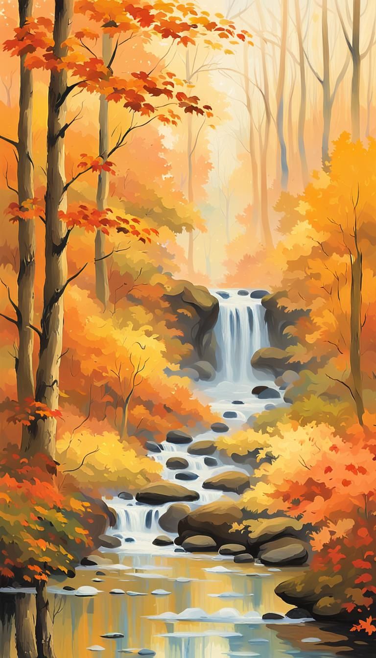 Autumn Waterfall in Impressionistic Style