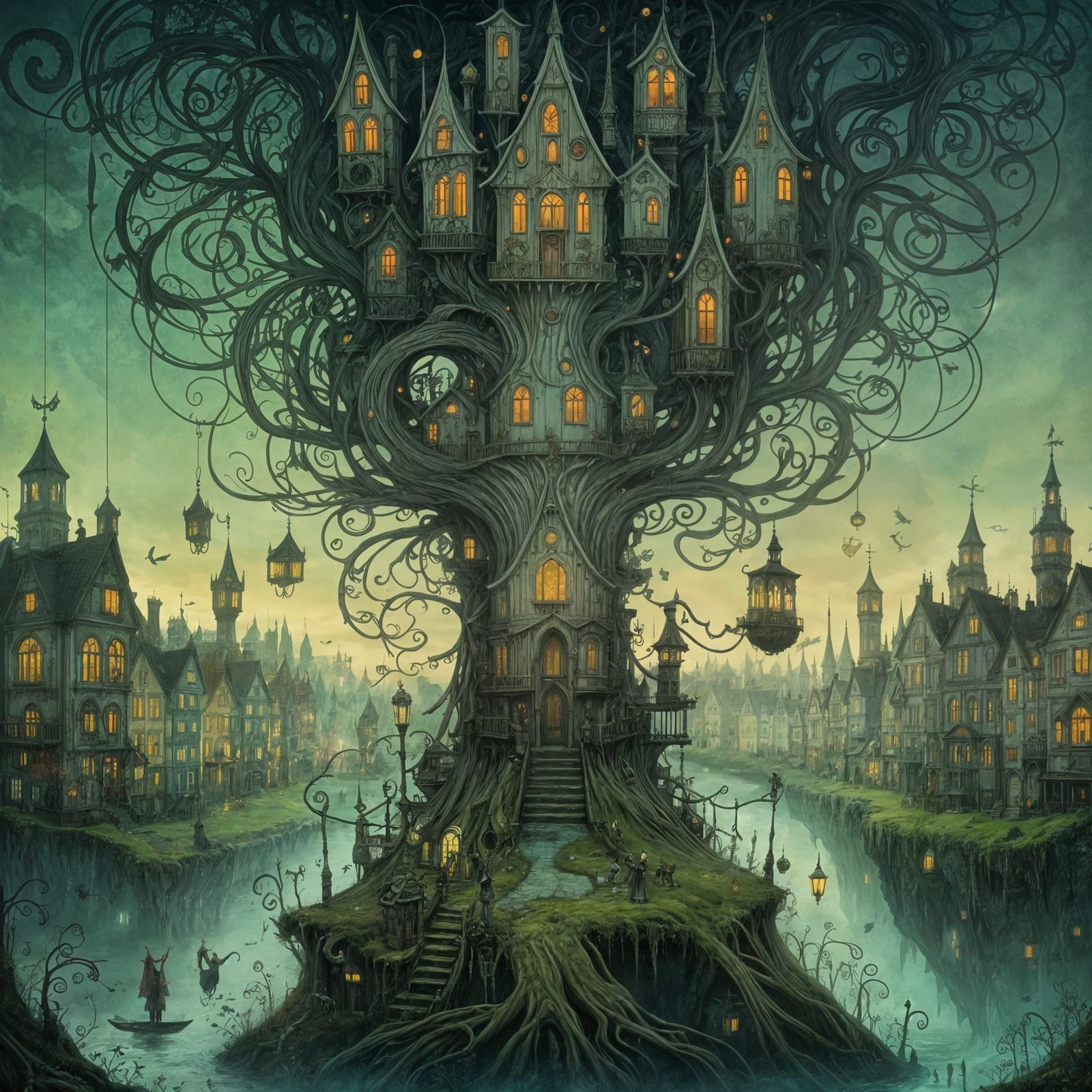 Gothic Monster with Houses: Surreal Art