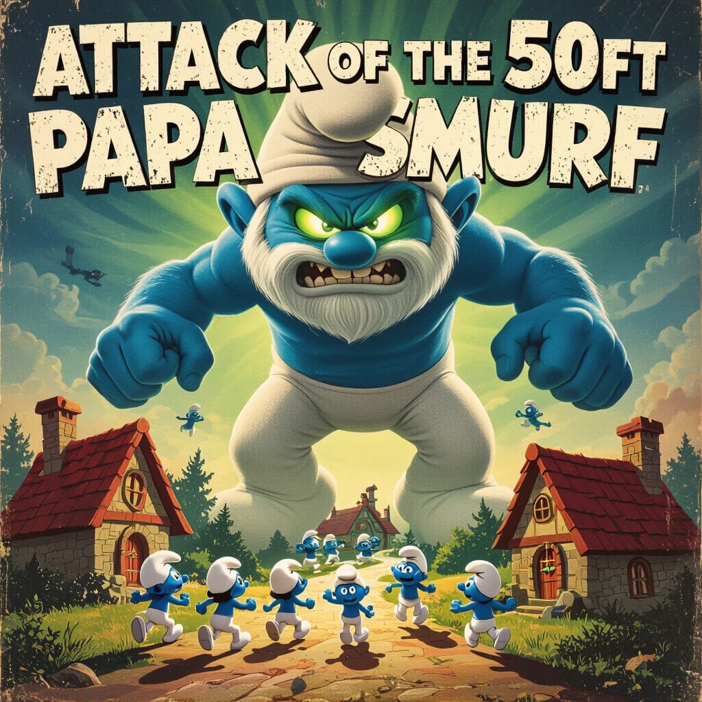 Attack of the 50ft Papa Smurf B-Movie Poster