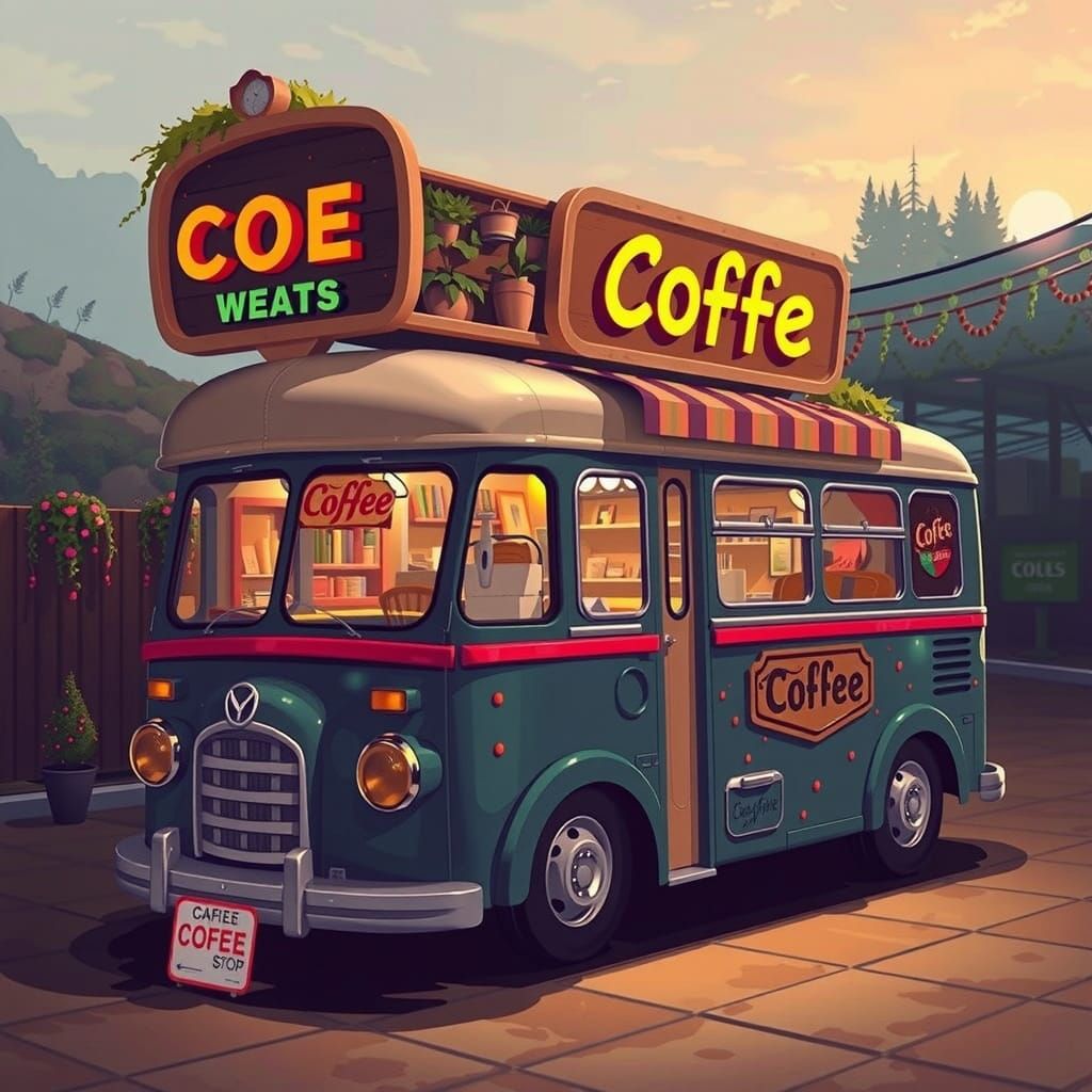 Vibrant Cafe Scene with a Majestic Bus in Cyberpunk Aestheti...