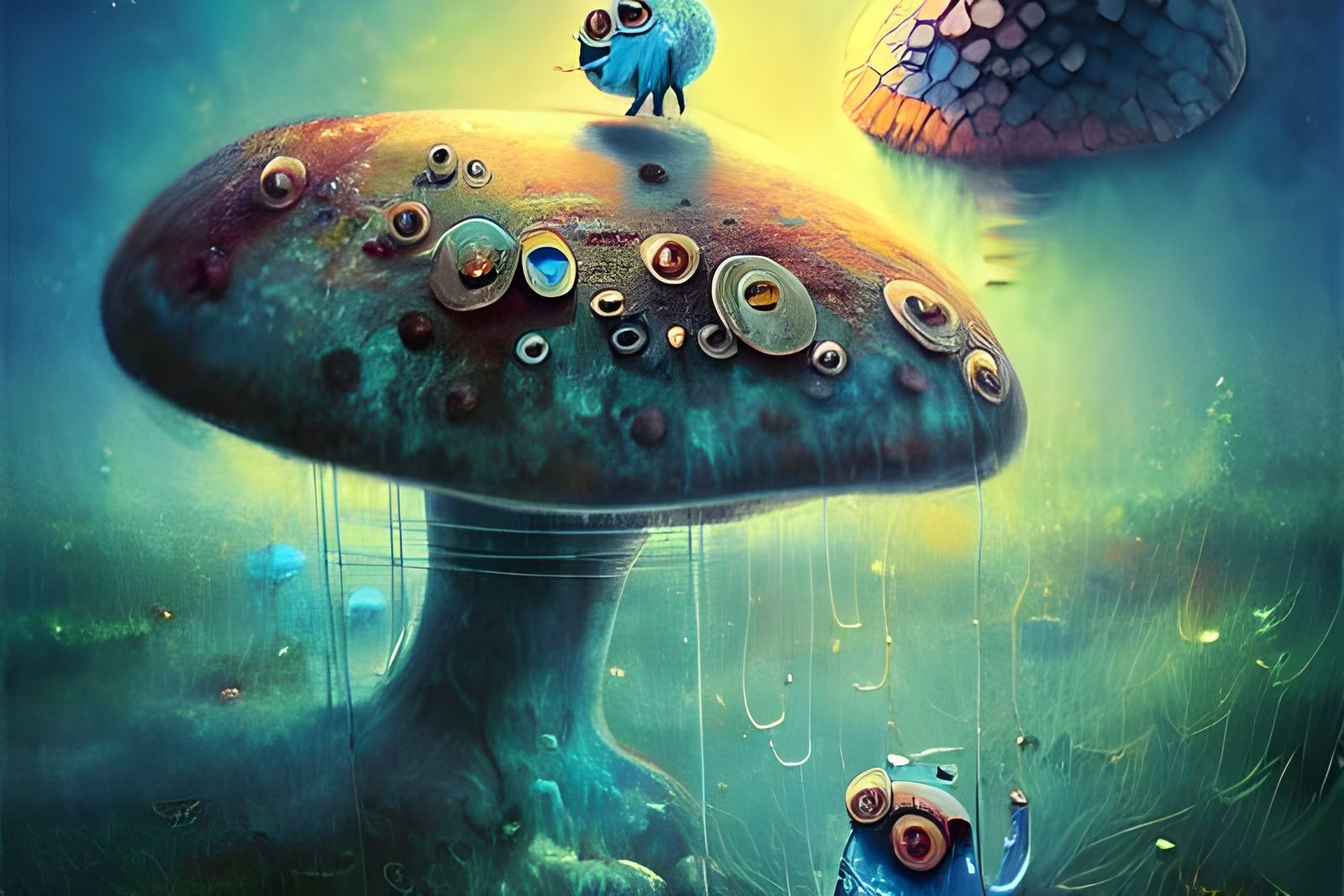 Blue Caterpillar on Mushroom in Wonderland