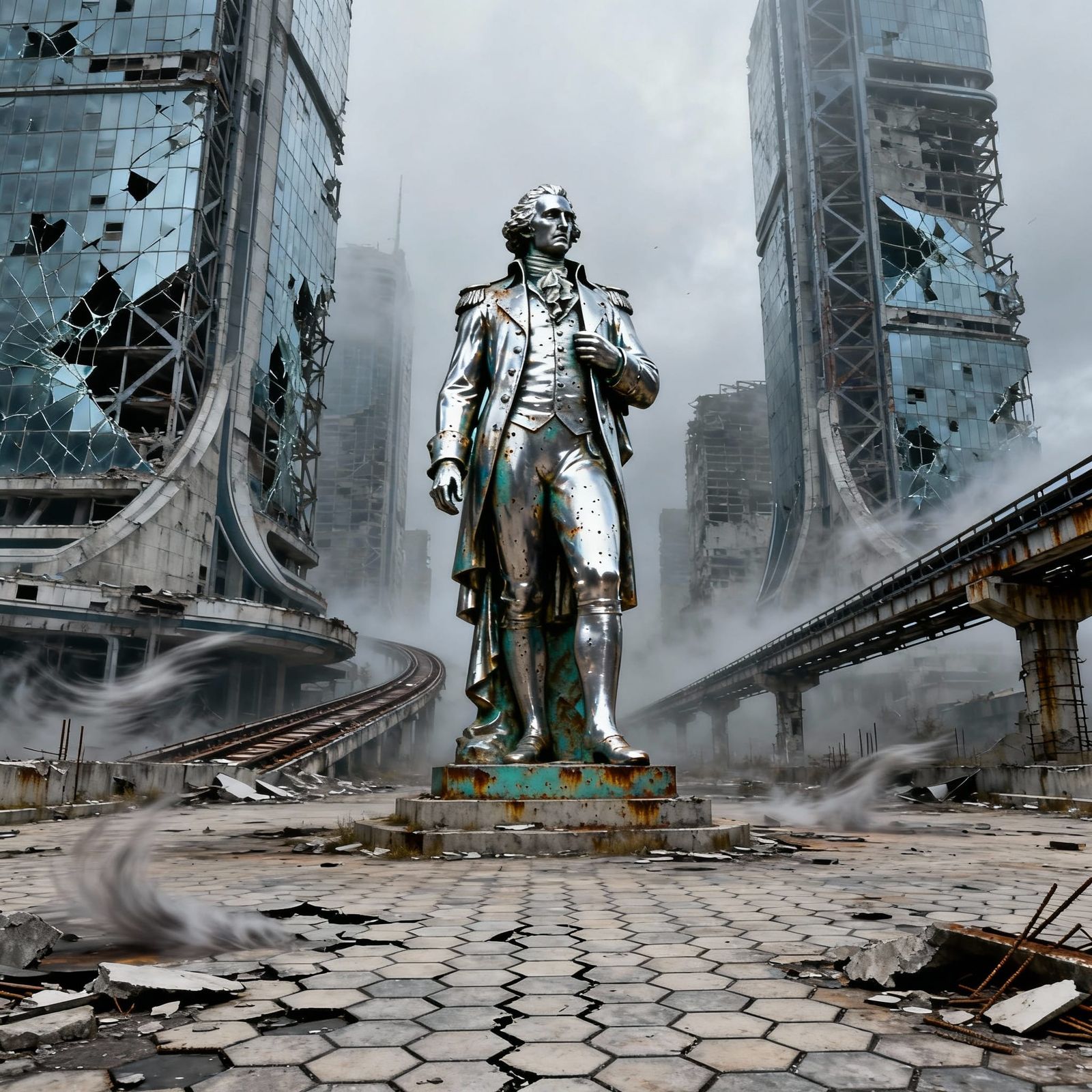 George Washington Chrome Statue in Dystopian Plaza