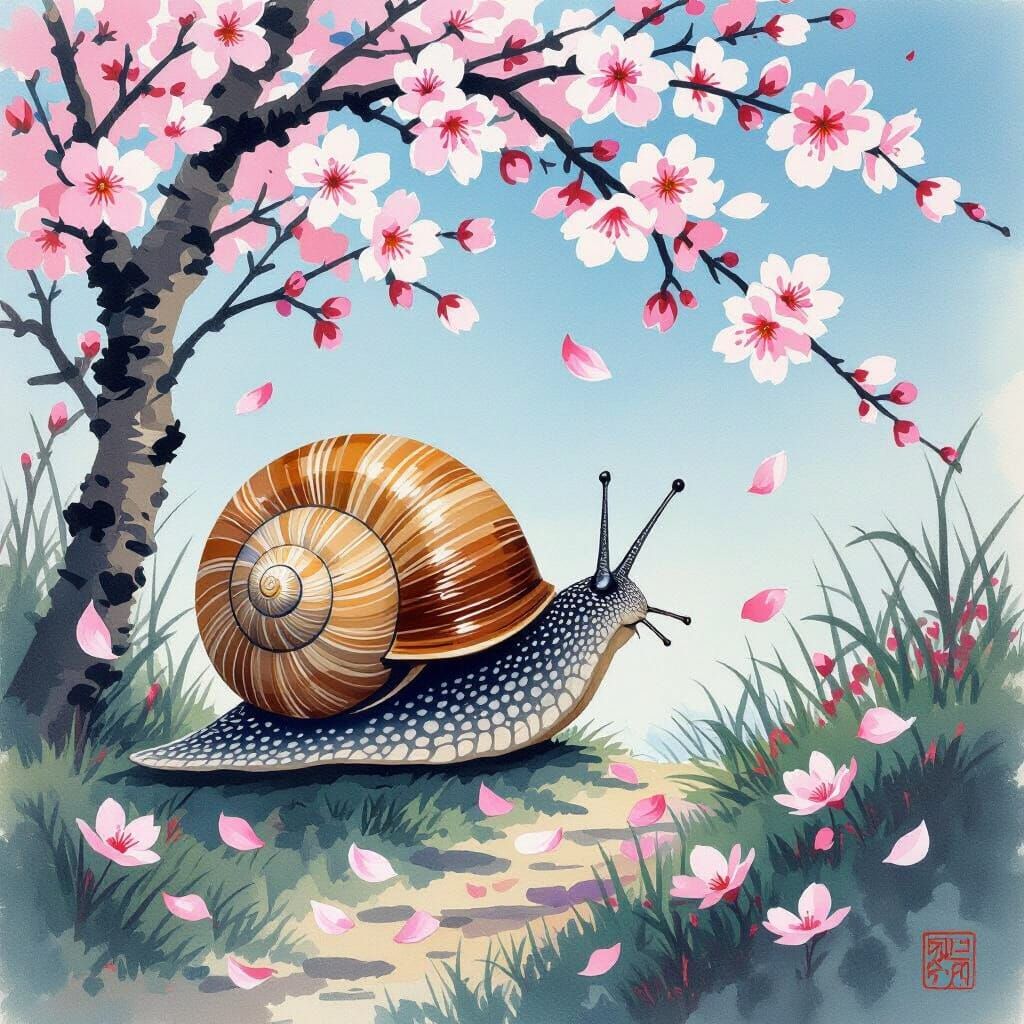 Snail Seeks Path Among Cherry Blossoms: Yamato-e Style